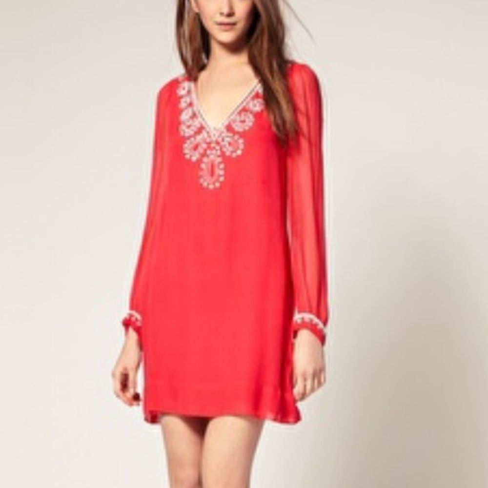 FCUK French Connection Bex Beaded Dress silk size 2 coral red
